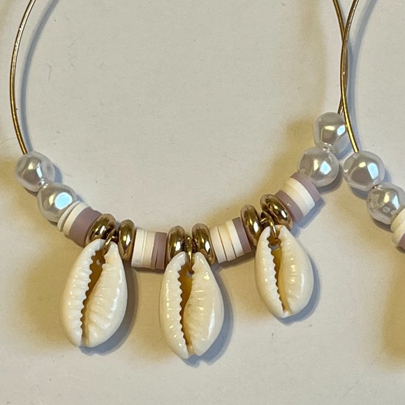 Gold Cowrie Shell White Freshwater Pearl Earrings Island Beach BIG Hoops Plated - Picture 7 of 11